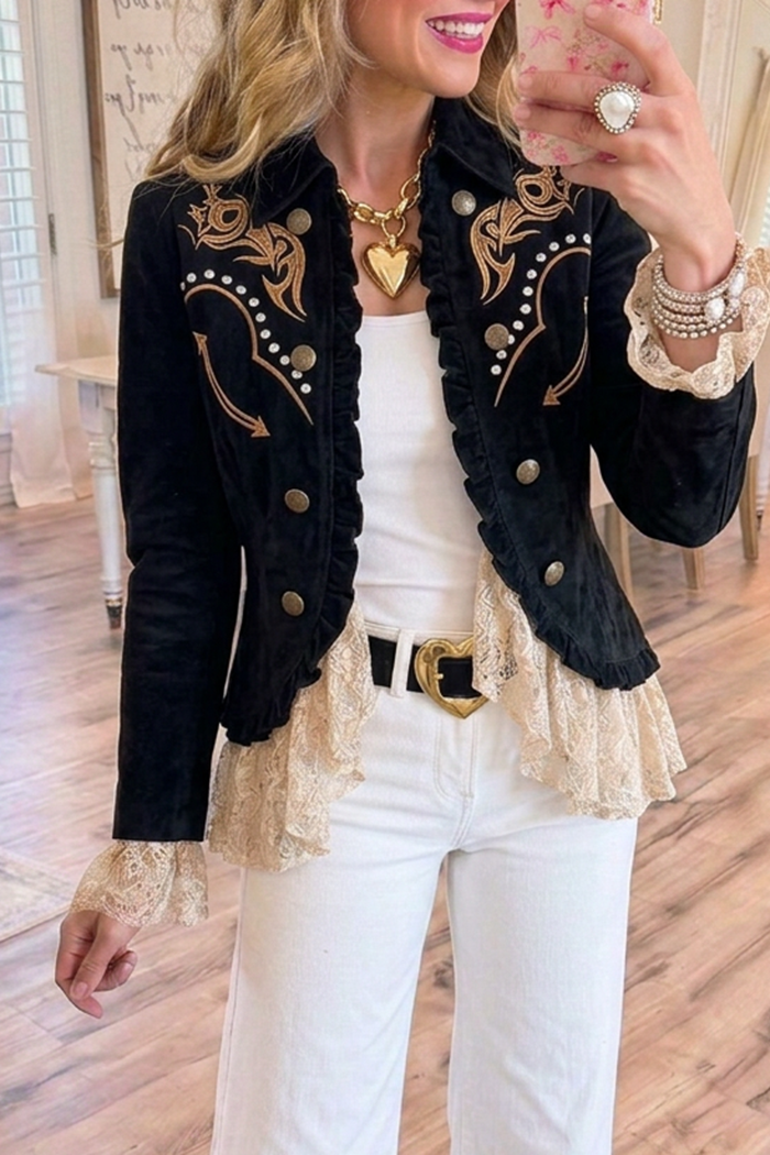 Black Gold Western Print Lace Ruffle Hem Cropped Jacket