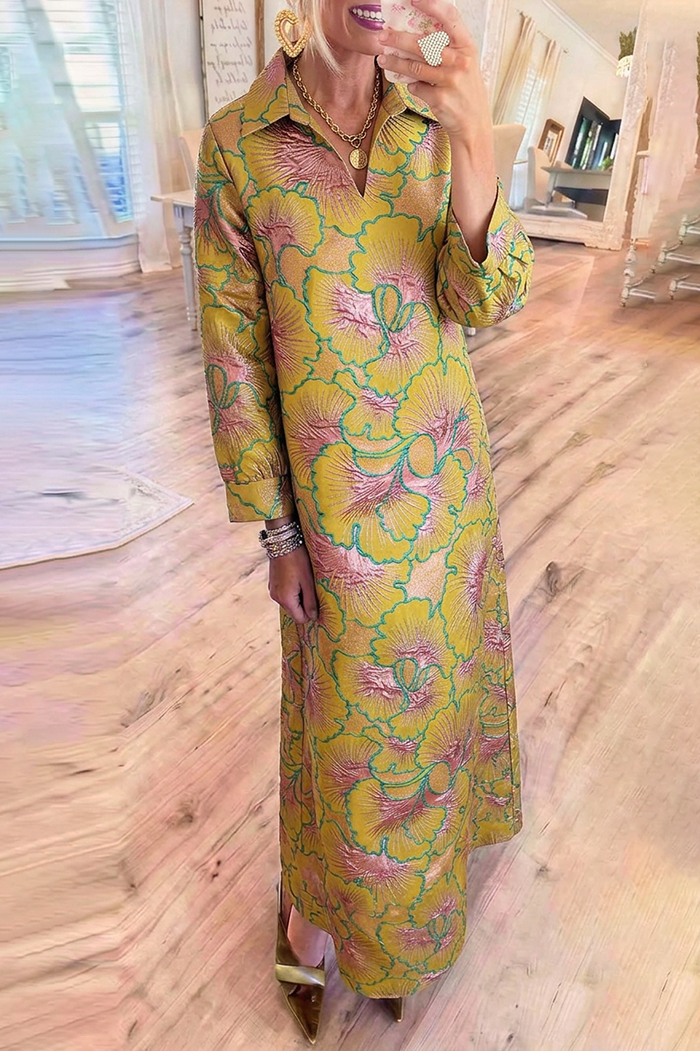 Gold Yellow Floral Jacquard Long Sleeve Pockets Maxi Dress