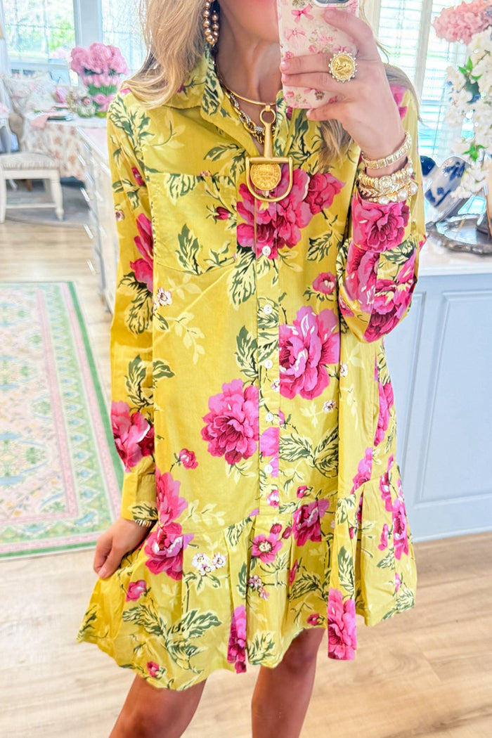 Long Sleeve Ruffle Hem Rose Shirtdress