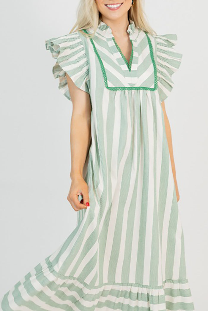 Stripe Flutter Sleeve Pocket Maxi Dress