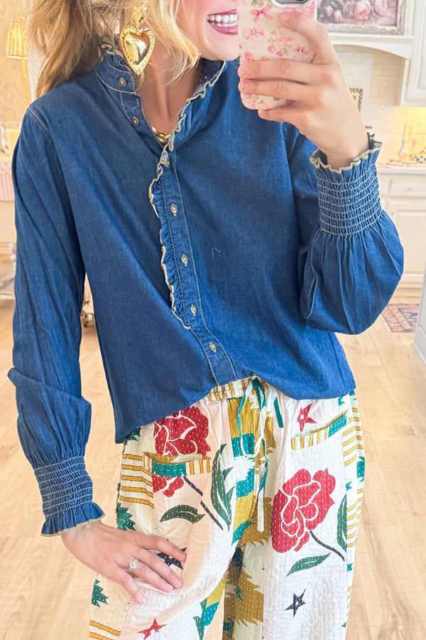 Denim Ruffle Button Up Top