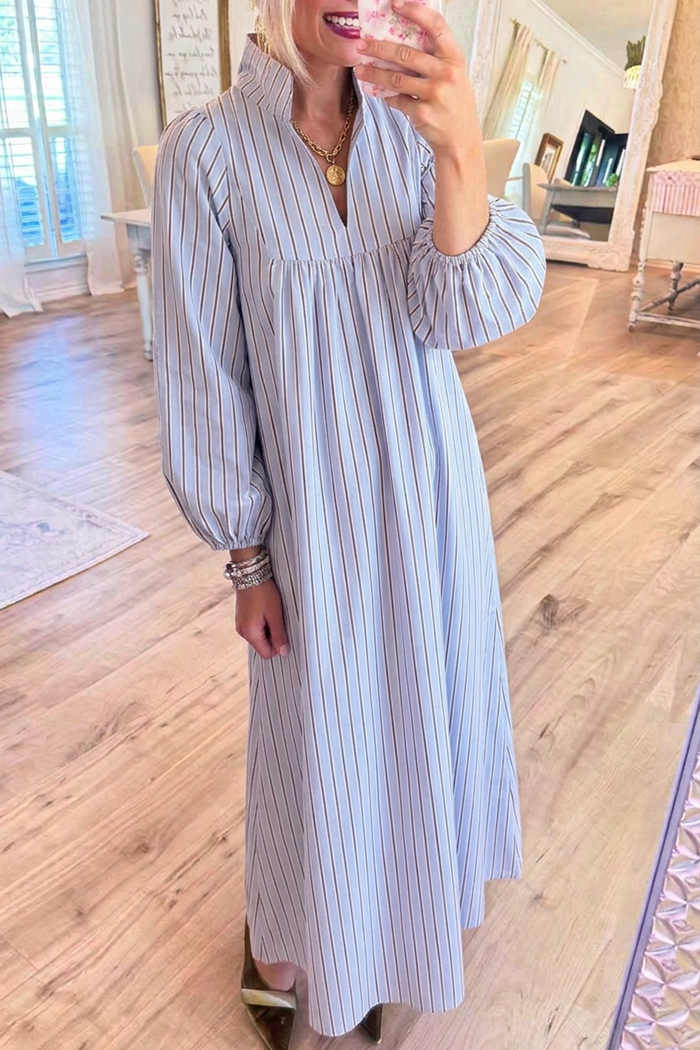 Stripe Stand Collar Pocket Maxi Dress