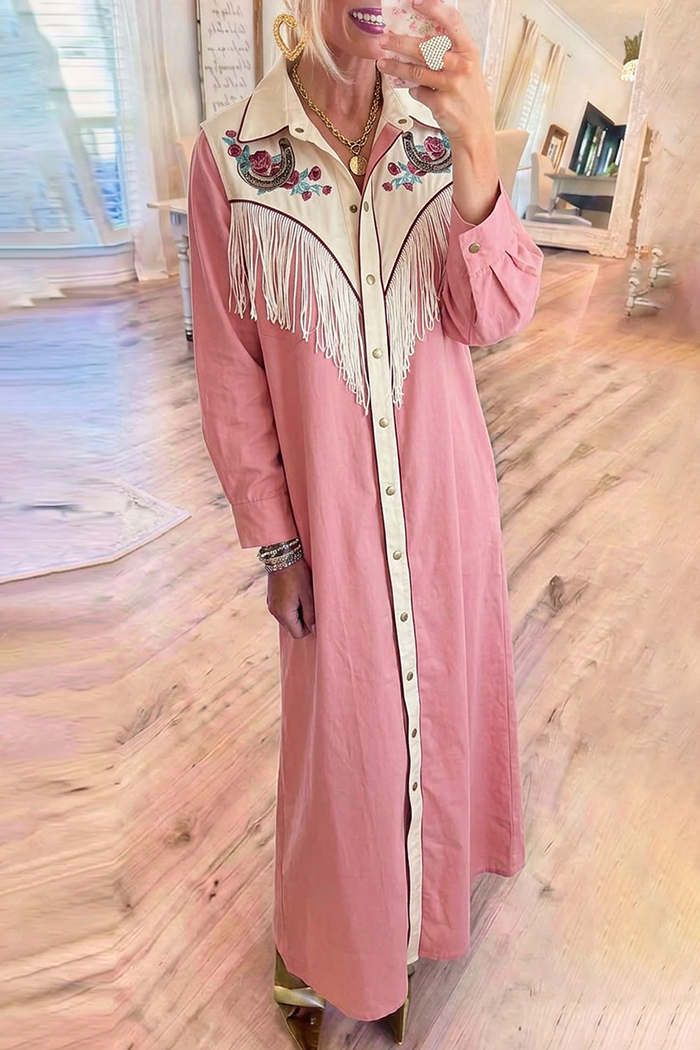 Pink Collar Color Block Fringe Floral Horseshoe Embroidery Button Front Maxi Shirt Dress