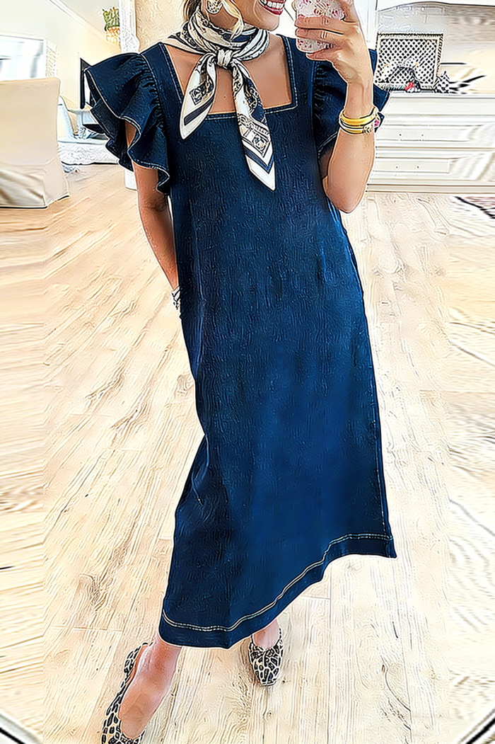 Square Neck Ruffle Sleeve Pocket Denim Maxi Dress