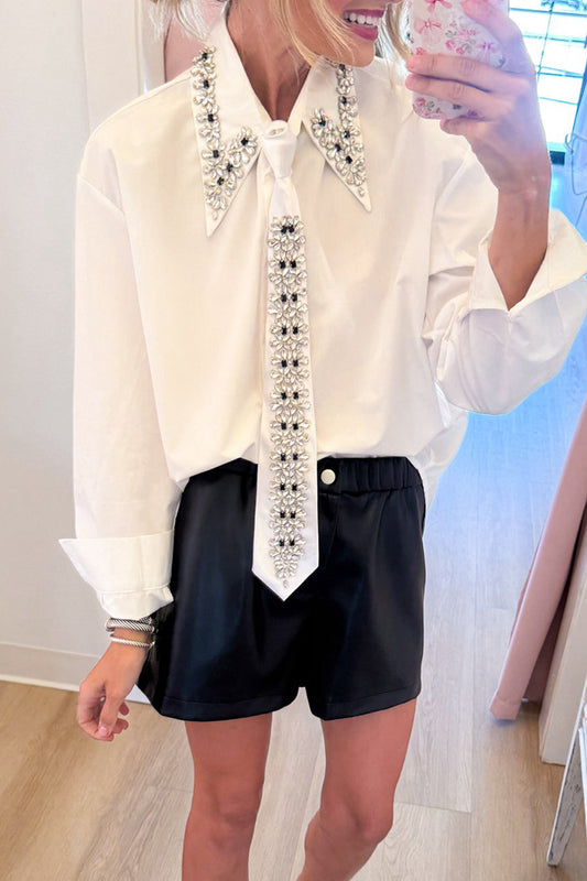 White Rhinestone Collar And Tie Long Sleeve Top