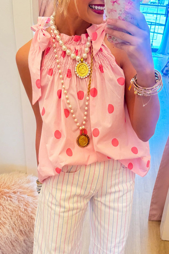 Pink Polka Dot Bow Sleeveless Top