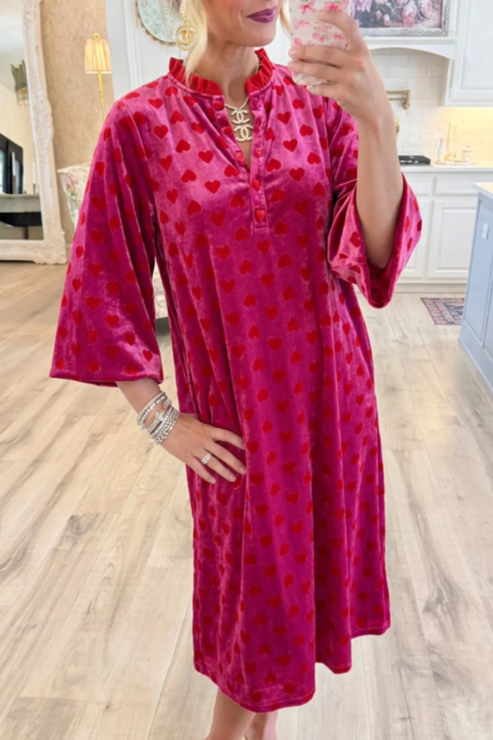 Fuchsia Velvet Heart Print Ruffled Neck 3/4 Sleeve Dress