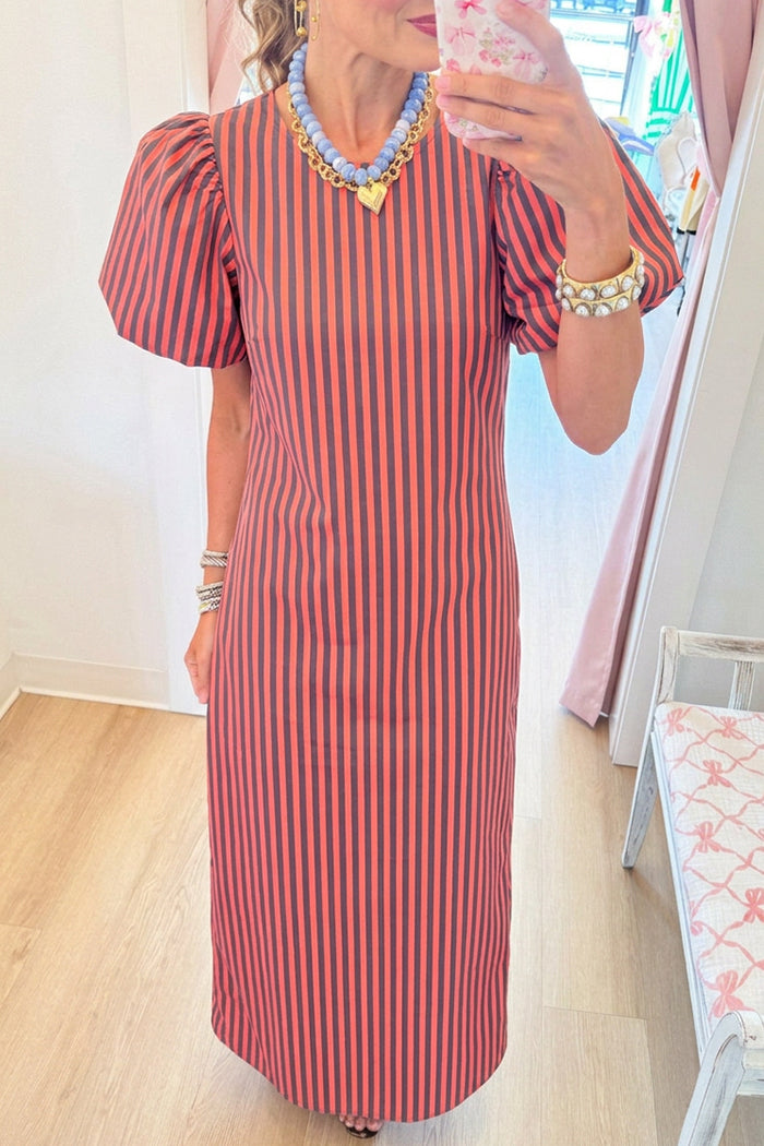 Charcoal And Orange Stripe Puff Sleeve Dress