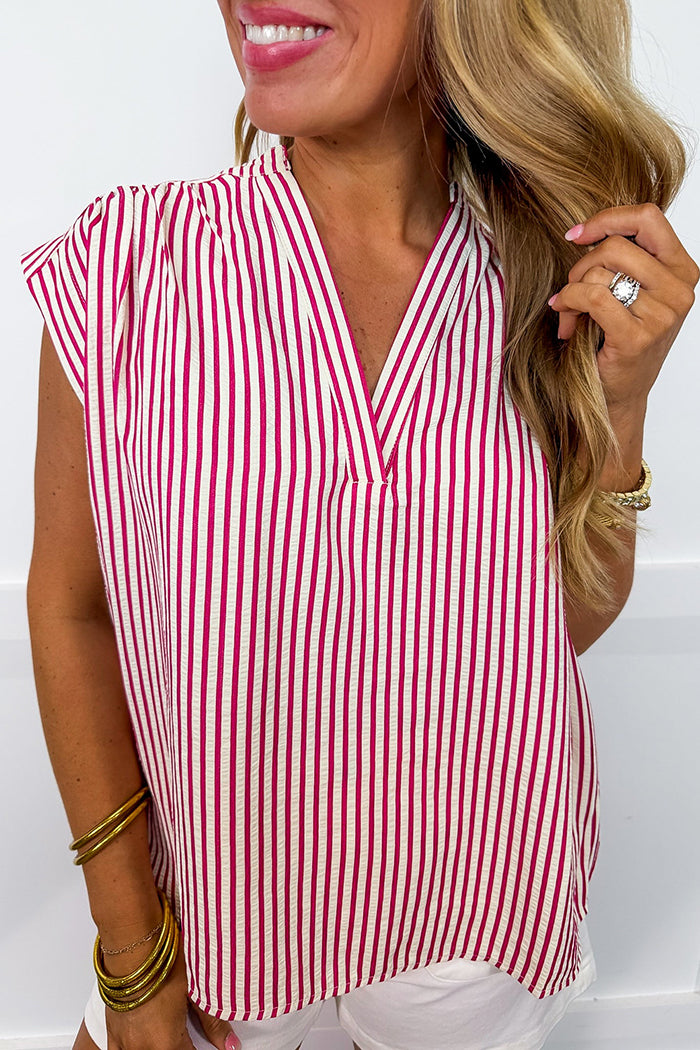 Striped Split Necklined Cap Sleeve Top