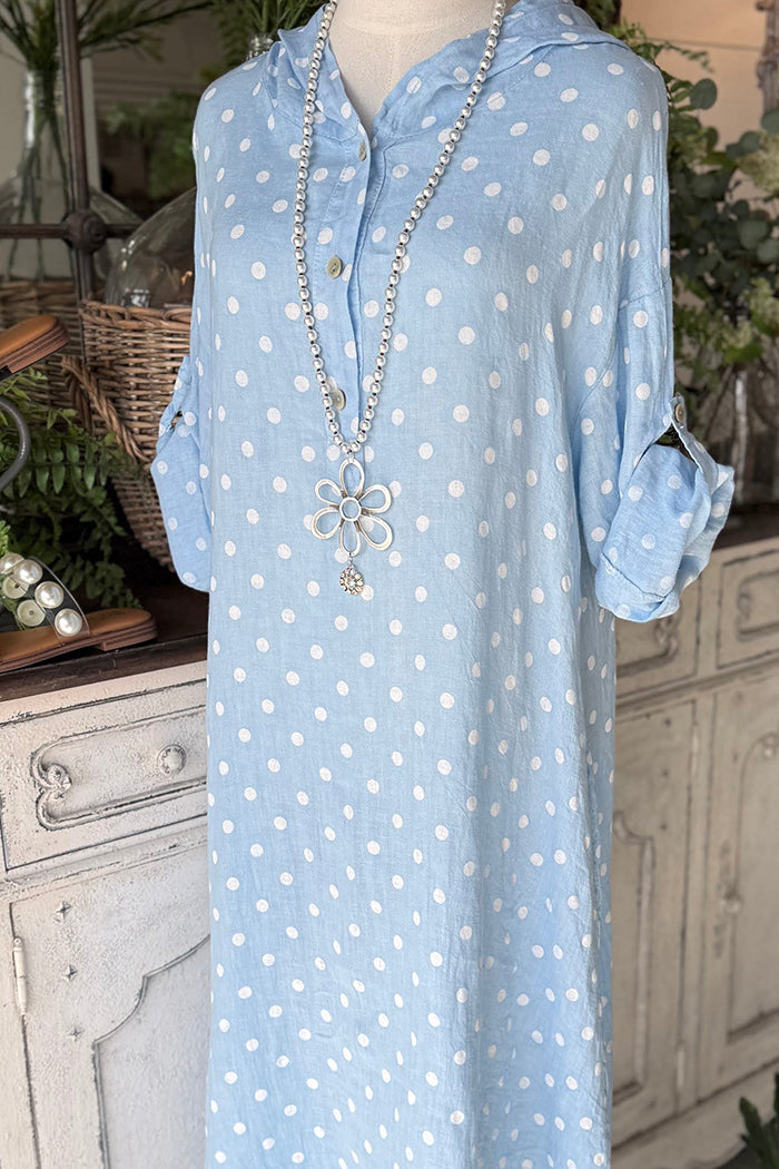 Polka Dot Hooded Roll Tab Sleeve Dress