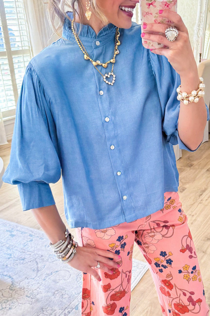 Ruffle Neck Puff Sleeve Blouse