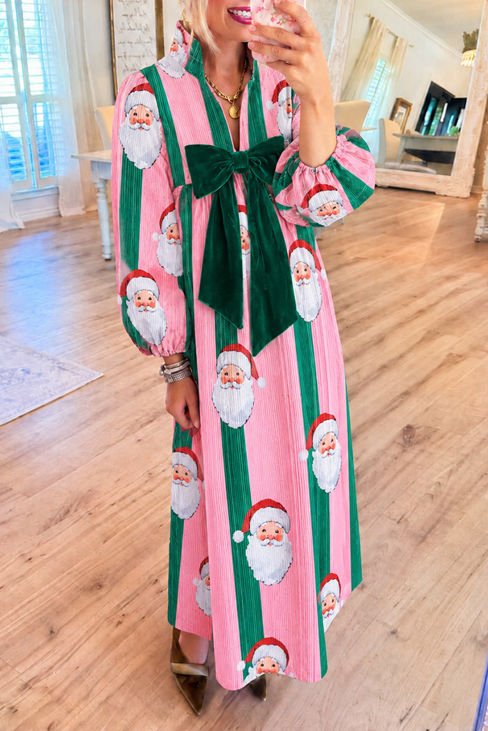 Stripe Corduroy Santa Bow Maxi Dress