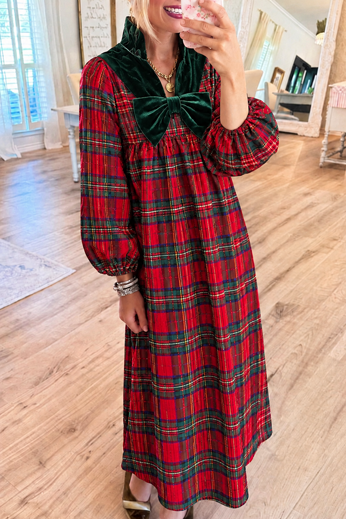 Christmas Plaid Velvet Green Bow Maxi Dress