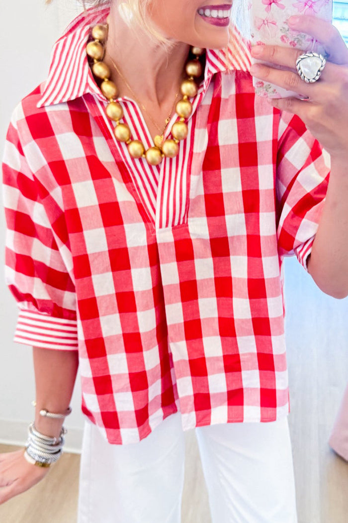 Casual Red Gingham Collared Top