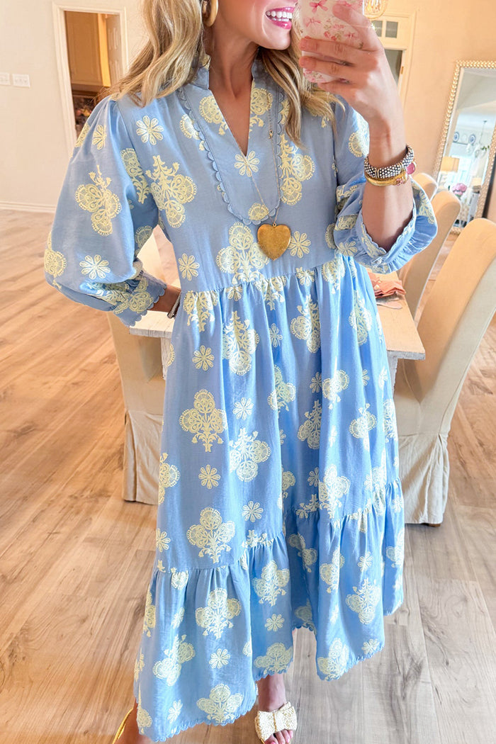 Blue Scallop Hem Midi Dress