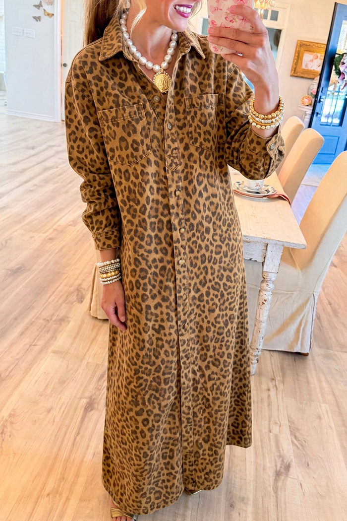 Casual Pocket Leopard Denim Dress