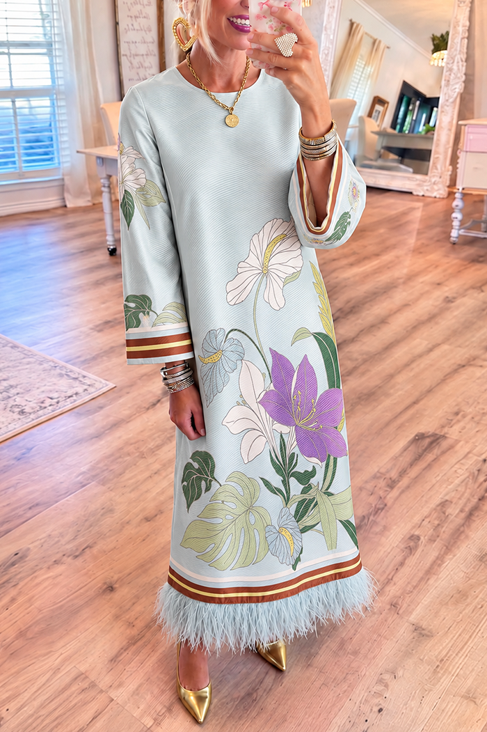 Blue Floral Feather Hem Pocket Maxi Dress