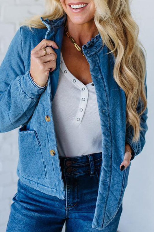 Quilted Ruffle Lined Pocket Denim Jacket