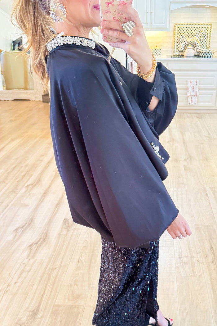 Black Embellished Applique High Neck Balloon Blouse