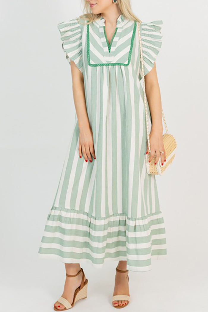 Stripe Flutter Sleeve Pocket Maxi Dress