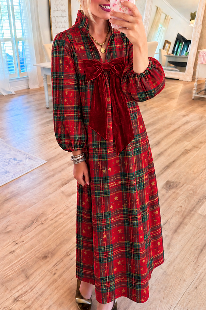Red Tartan Star Plaid Velvet Bow Pocket Maxi Dress