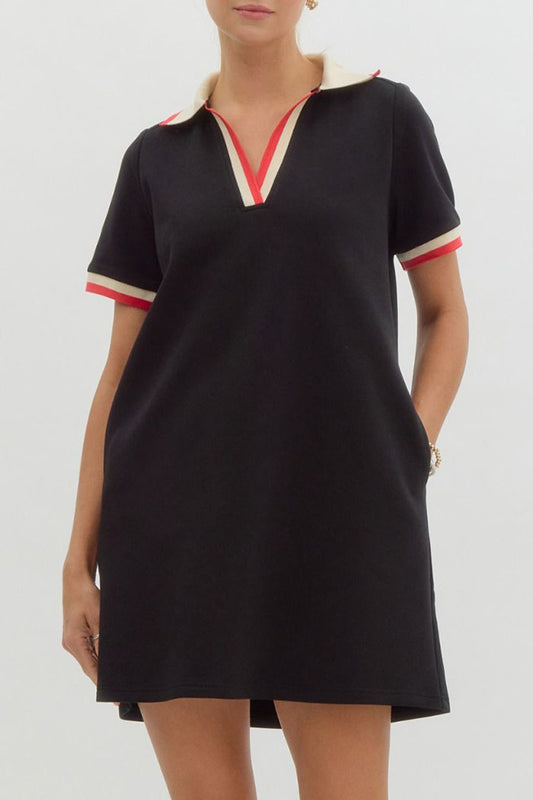 Solid Stripe Trim Pocket Dress