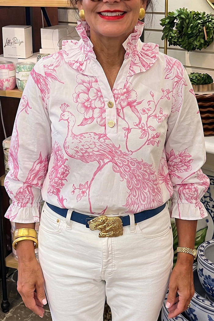 Floral Peacock Print Ruffle Neck Top