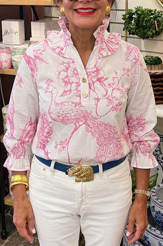 Floral Peacock Print Ruffle Neck Top