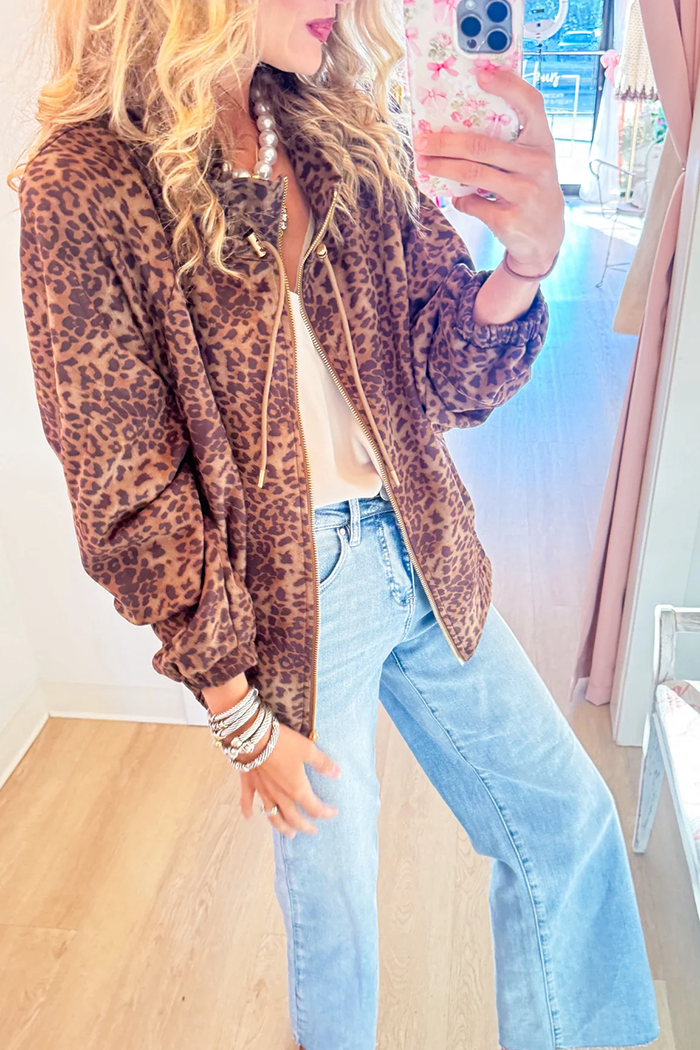 Leopard Print Hooded Drawstring Zipper Bomber Jacket