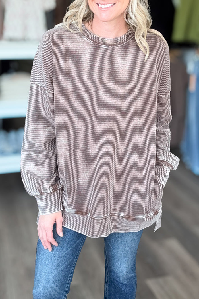 Casual Washed Ribbed Long Sleeved Hi Low Pullover Sweatshirt