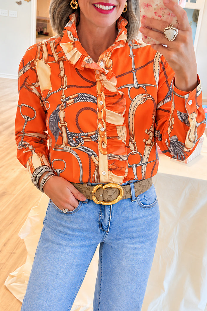 Orange Ruffle Collar Button Top