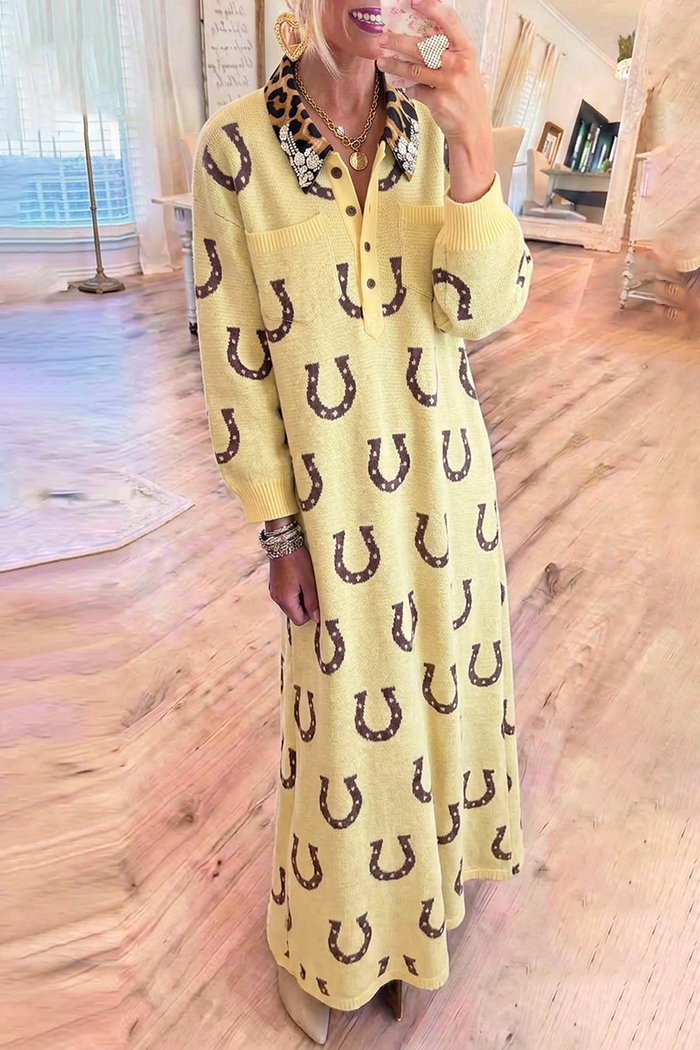 Horseshoe Motif Knit Leopard Contrast Collar Pockets Maxi Dress