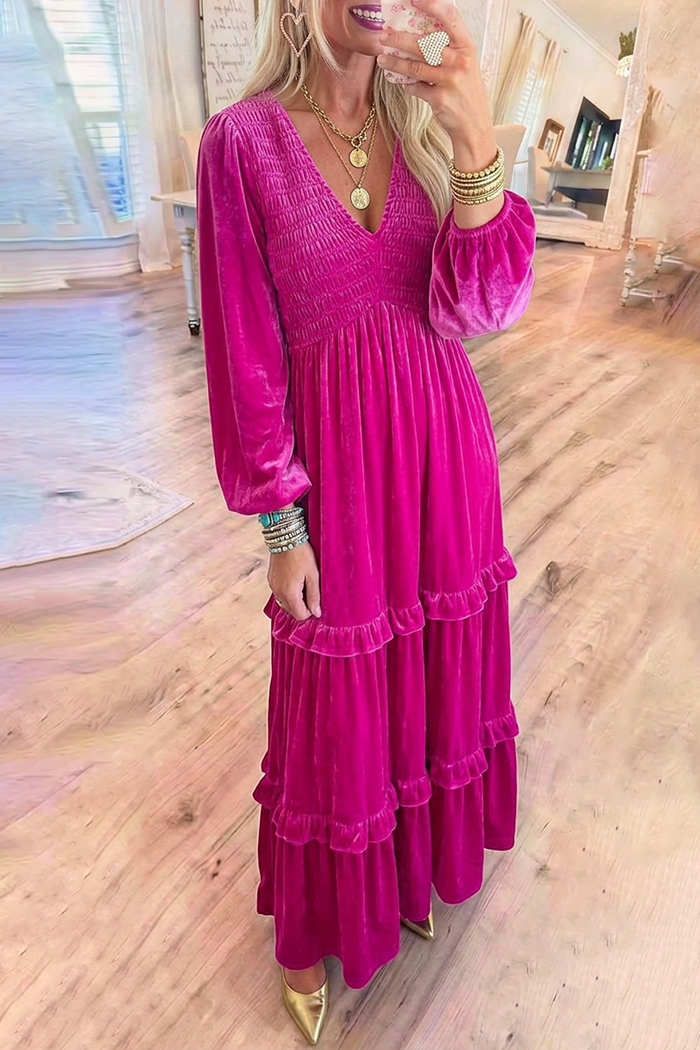 Fuchsia Velvet Smocked Bodice Ruffle Tiered Maxi Dress