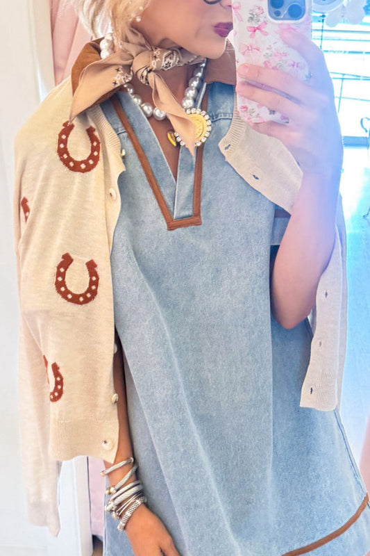 Taupe Horseshoe Print Crew Neck Button Front Cardigan