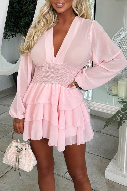 Pink Long Sleeve Ruffle Mini Dress