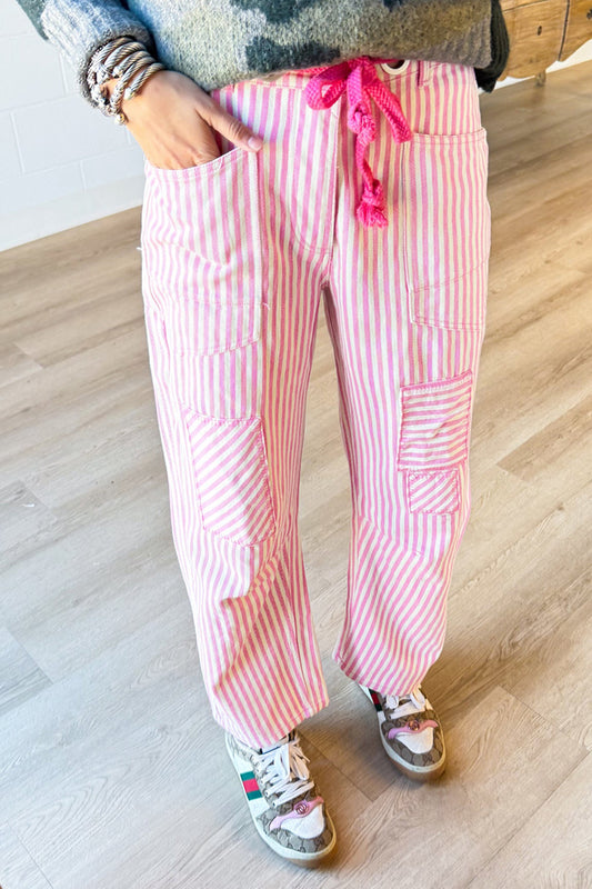 Pink Stripe Twill Barrel Pocket Pants