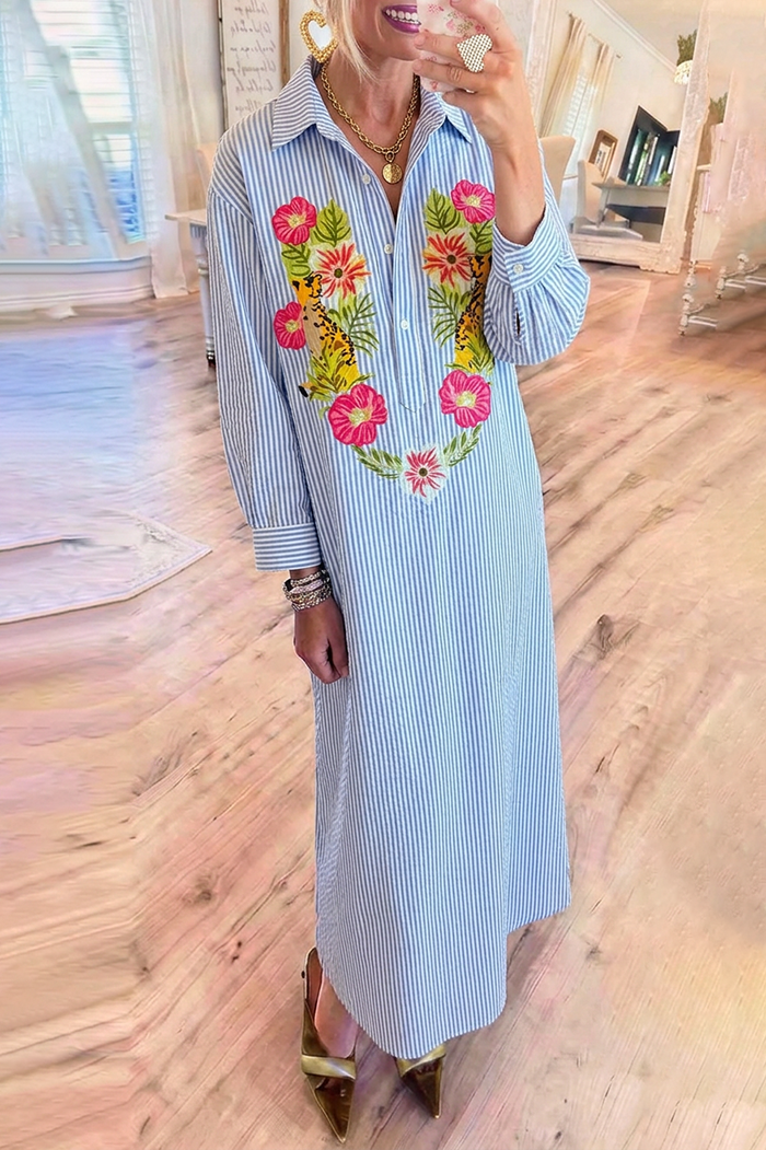 Striped Floral Embroidery Long Sleeve Pockets Maxi Dress