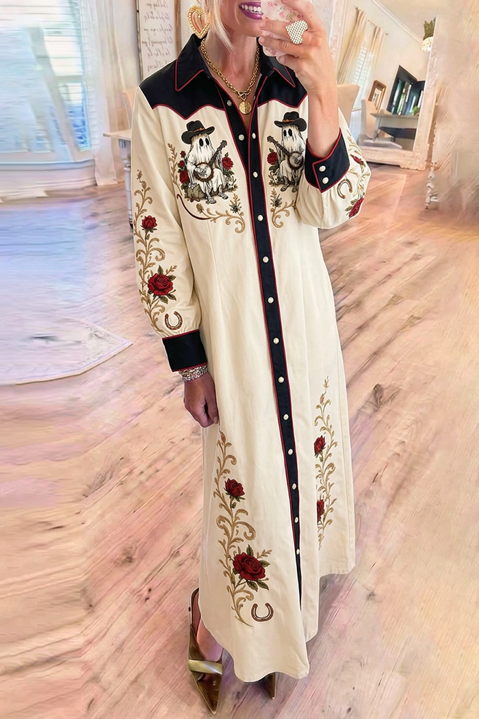 Cream Black Color Block Western Ghost Rose Maxi Dress