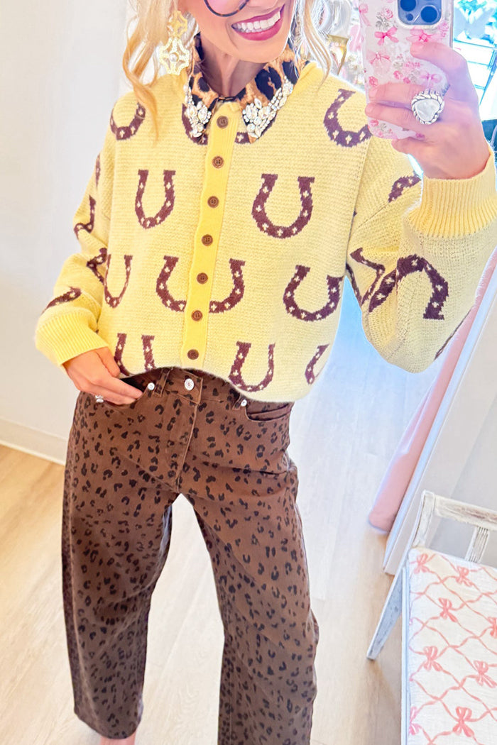 Butter Yellow Horseshoe Jacquard Button Front Ribbed Trim Knit Top