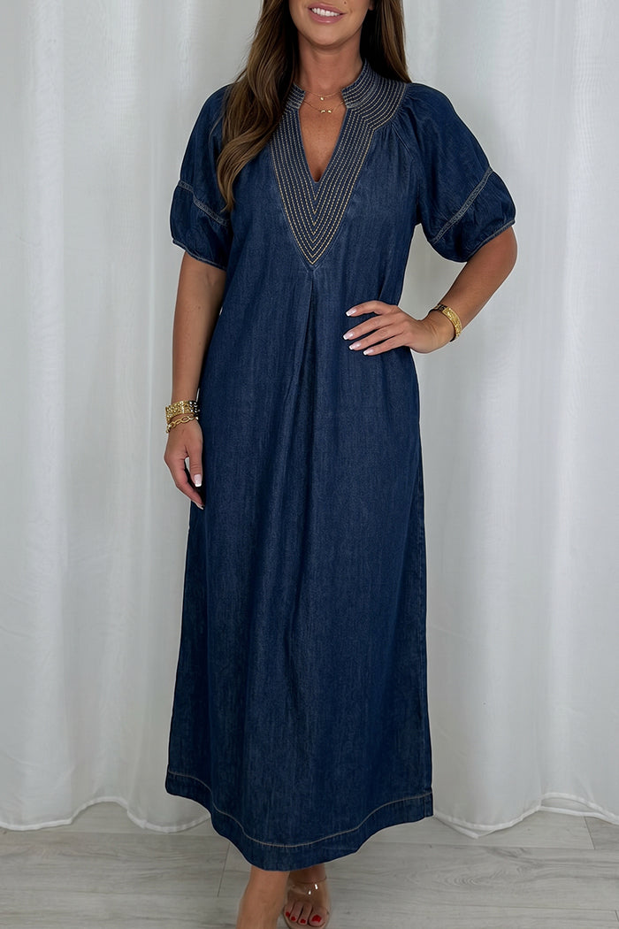 Casual Denim Puff Sleeve Maxi Dress