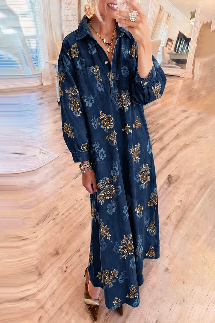 Dark Denim Gold Sequin Floral Pockets Maxi Dress