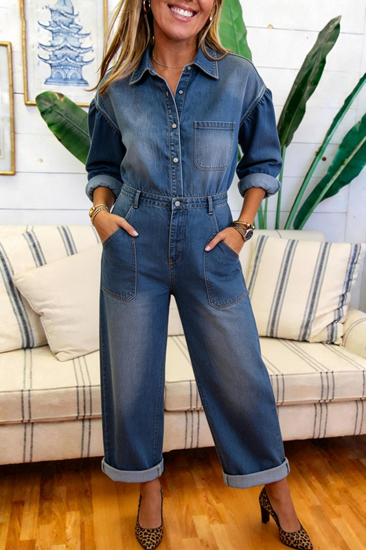 Cuffed Wide Leg Denim Jumpsuit