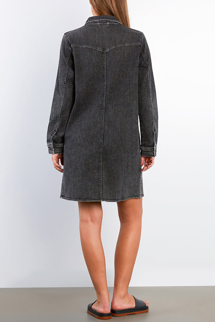 Pocketed Ruffle Trim Denim Shirt Dress