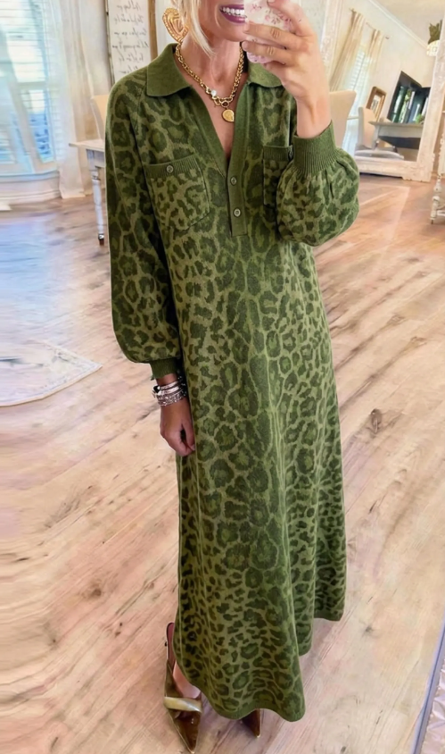 Green Leopard Print Knit Maxi Dress
