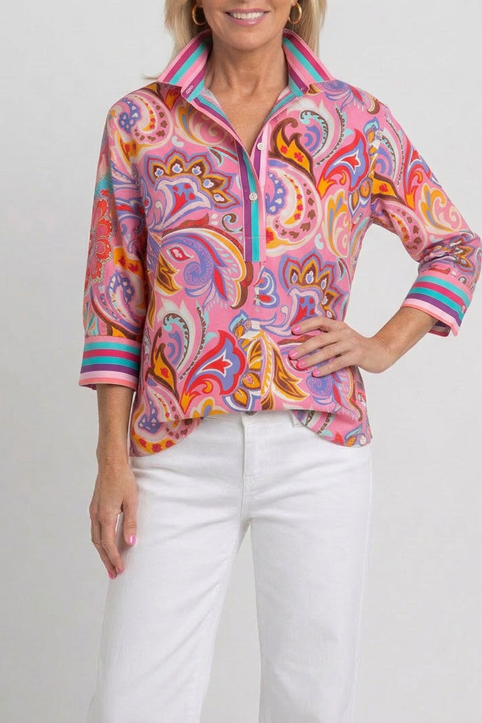 Paisley Print Striped Cuff Half Placket Top