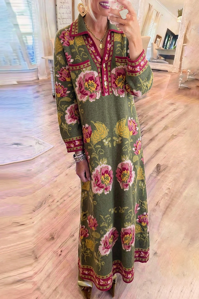 Olive Green Floral Jacquard Knit Collared Pockets Maxi Dress