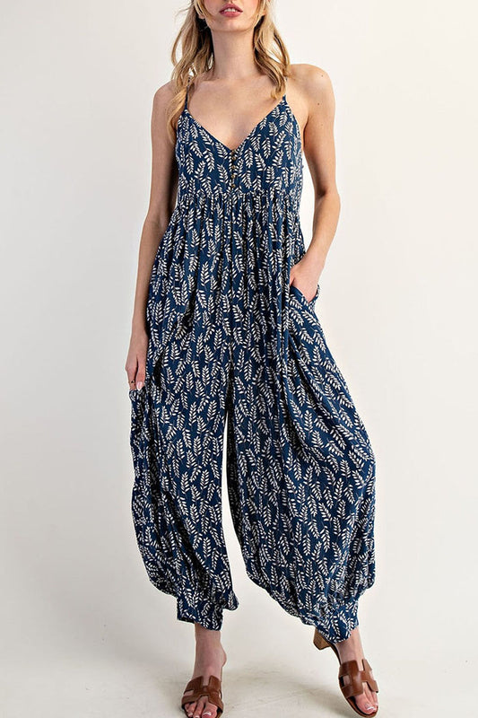 Leaf Print Sleeveless Jumpsuit