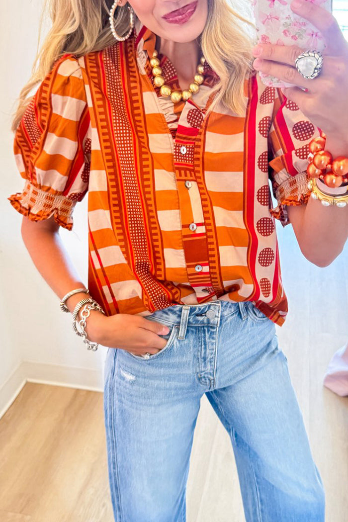 Orange Geometric Print Puff Sleeve Top