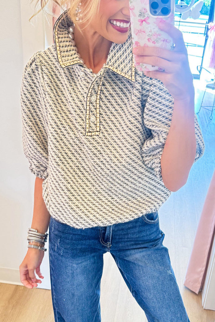 Collared Short Puff Sleeve Grey Tweed Pearl Button Top