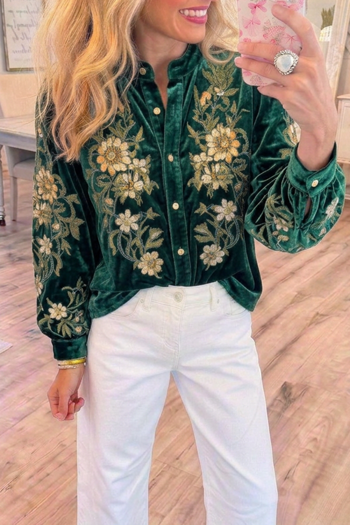 Emerald Green Velvet Gold Tone Floral Long Sleeve Top